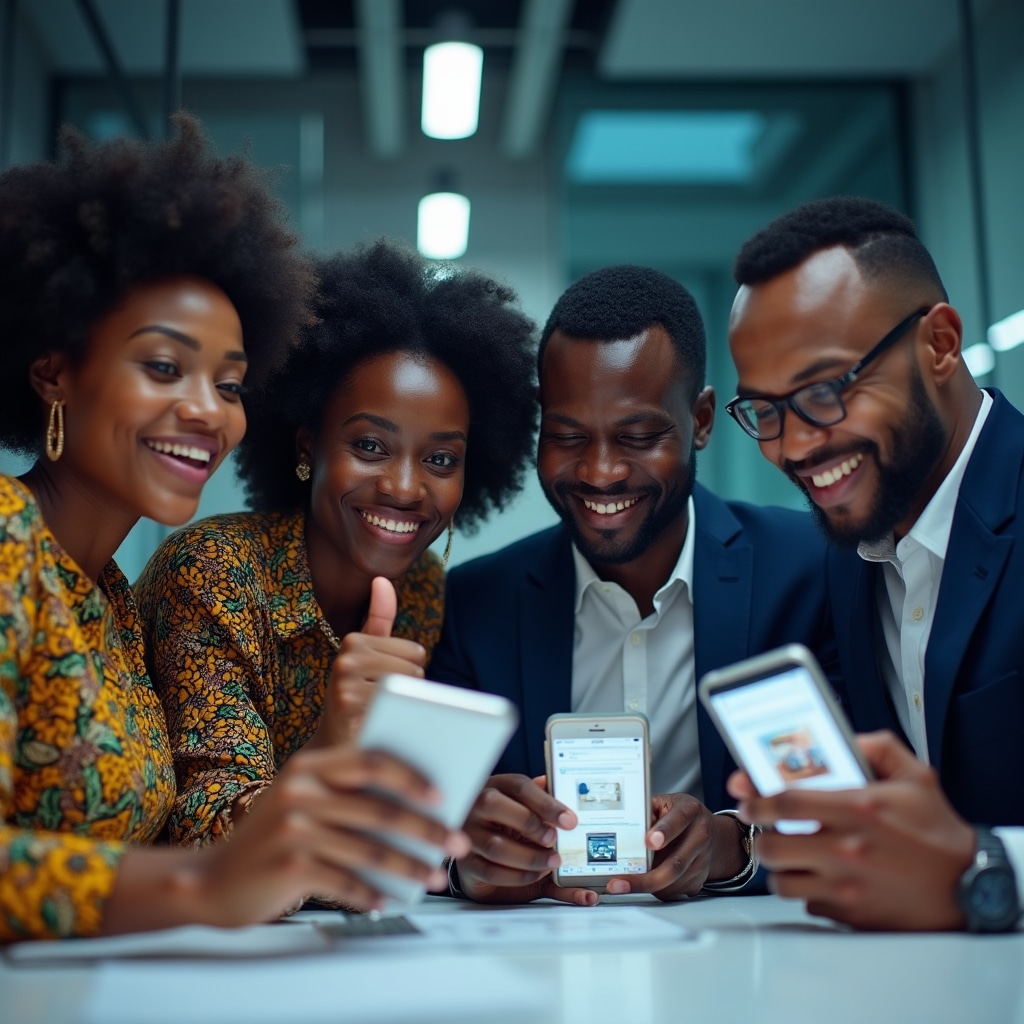 Diverse group of entrepreneurs using smartphones for business