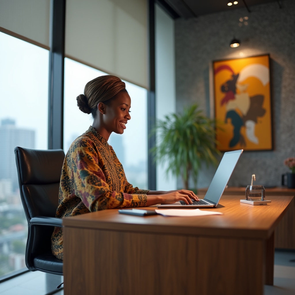 Entrepreneur working confidently on laptop managing online business