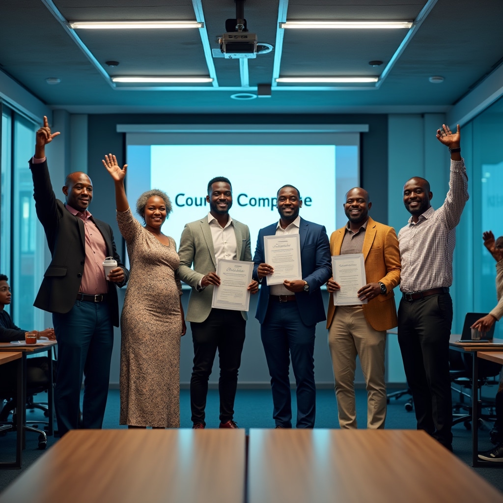 Group of entrepreneurs celebrating training completion and business success