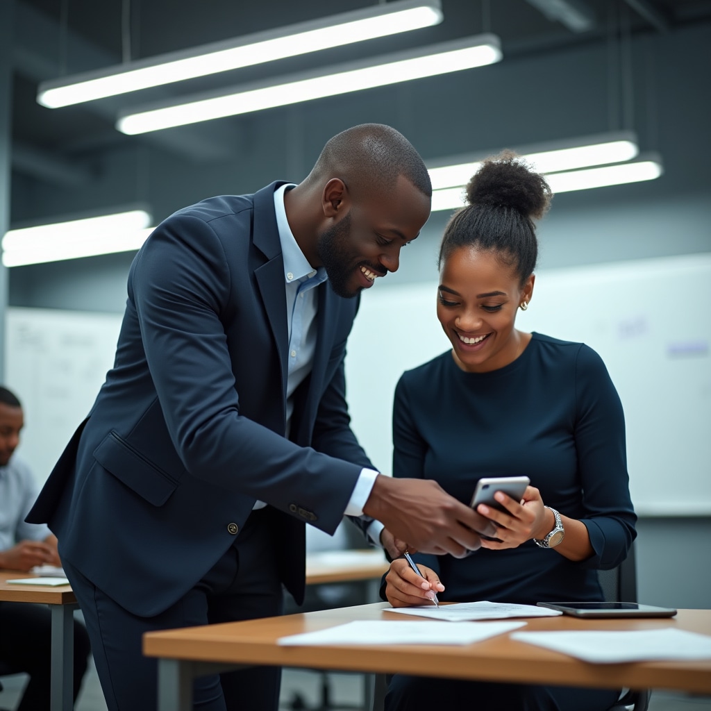Instructor providing guidance to student working on smartphone
